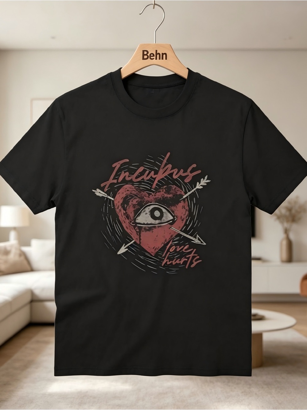 Incupus "Love Hurts" Arrow-Pierced Heart Graphic Black T-shirt Unisex